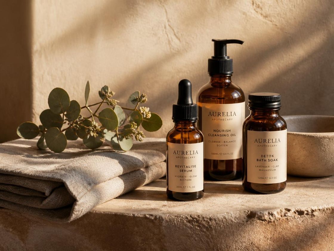 Amber glass spa products, linen towel and eucalyptus on a stone ledge