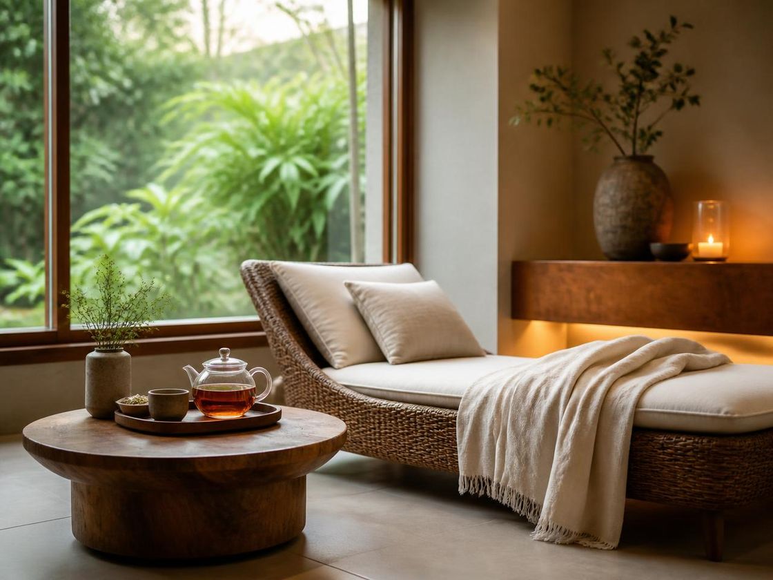 Relaxation lounge with rattan chaise, linen throw and herbal tea service