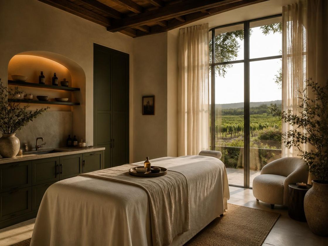 Spa treatment room with linen-draped table and vineyard views
